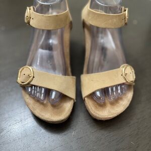 Papillio Tan Suede Ankle-Strap Sandals with Round Gold Buckles